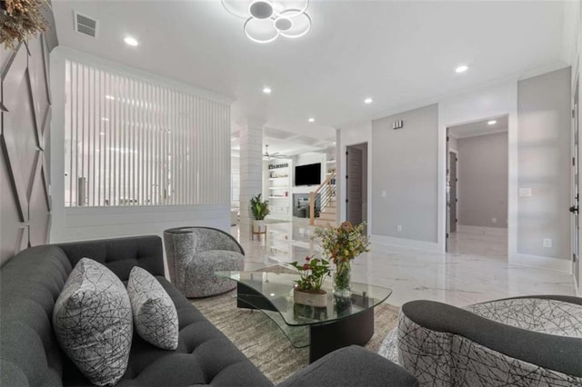 living area with visible vents, marble finish floor, recessed lighting, decorative columns, and baseboards