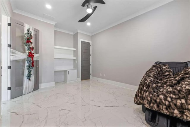 living area featuring recessed lighting, baseboards, marble finish floor, and ornamental molding