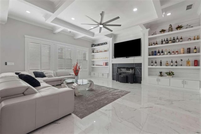 living area featuring built in features, a ceiling fan, a fireplace, recessed lighting, and marble finish floor