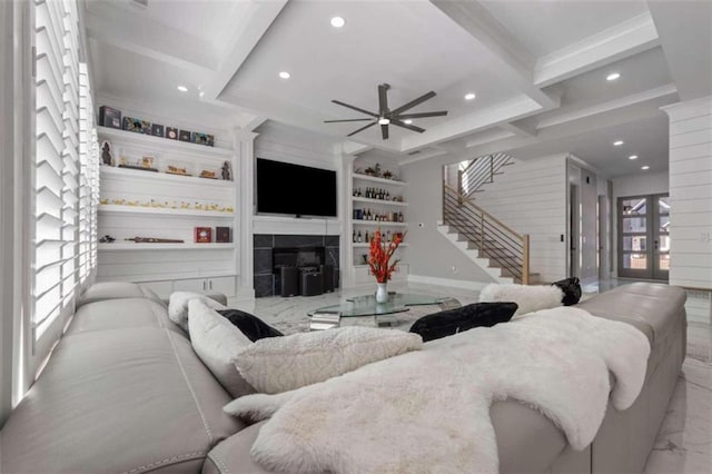 living room with stairway, recessed lighting, a fireplace, marble finish floor, and coffered ceiling