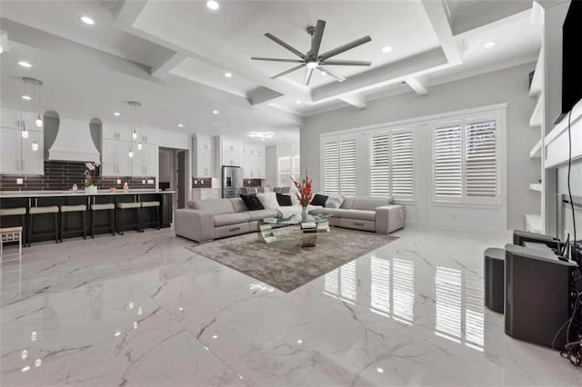 living room featuring recessed lighting, coffered ceiling, marble finish floor, and a ceiling fan