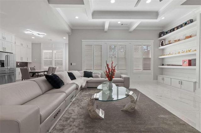 living area with recessed lighting, marble finish floor, ceiling fan, and ornamental molding