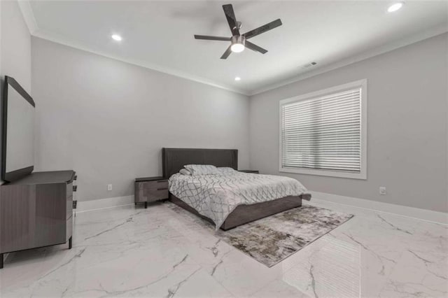 bedroom featuring recessed lighting, baseboards, marble finish floor, and crown molding