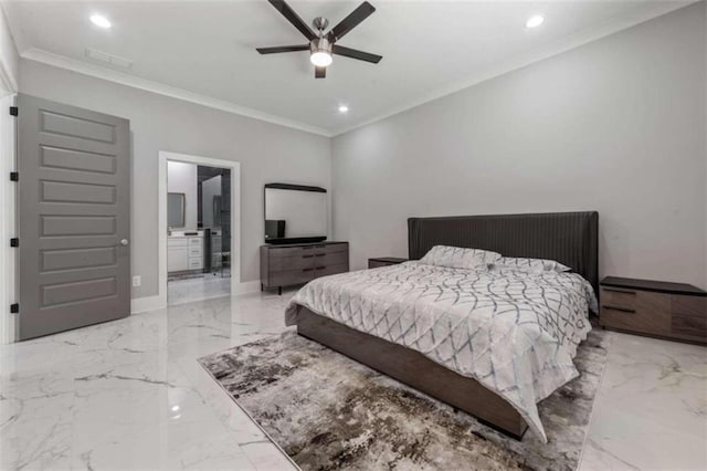 bedroom with recessed lighting, marble finish floor, baseboards, and ornamental molding