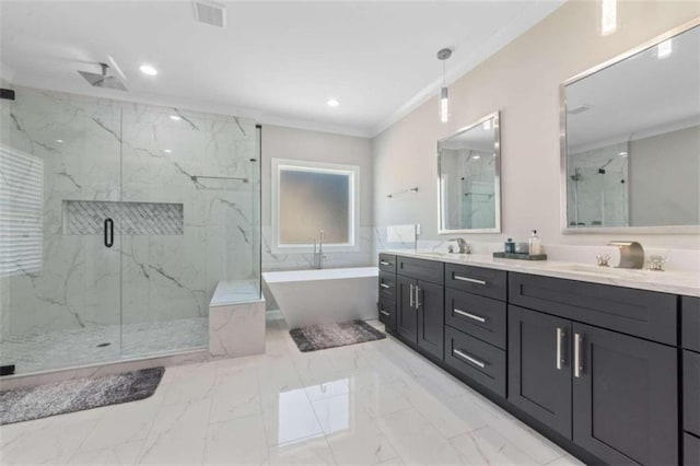 full bath featuring a marble finish shower, a soaking tub, a sink, crown molding, and marble finish floor