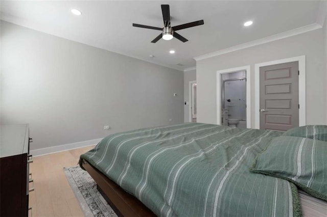 bedroom featuring crown molding, ceiling fan, baseboards, recessed lighting, and wood finished floors