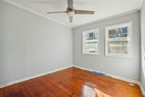 empty room with ceiling fan, wood-type flooring, and ornamental molding