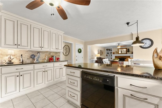 1083 Wash Lee Dr SW, Lilburn, GA 30047 - kitchen with black dishwasher, a ceiling fan, a fireplace, light tile patterned floors, and open floor plan