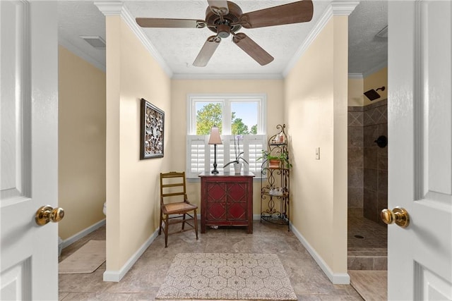 1083 Wash Lee Dr SW, Lilburn, GA 30047 - living area featuring ornamental molding, a ceiling fan, and a textured ceiling
