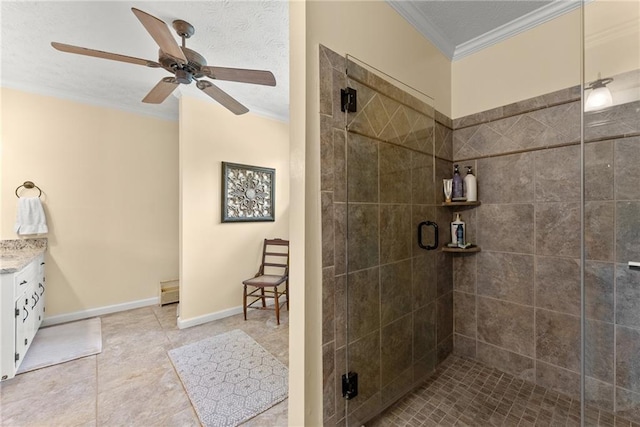 1083 Wash Lee Dr SW, Lilburn, GA 30047 - full bathroom featuring ornamental molding, a shower stall, vanity, a ceiling fan, and tile patterned floors