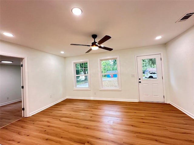 interior space featuring ceiling fan and light hardwood / wood-style floors