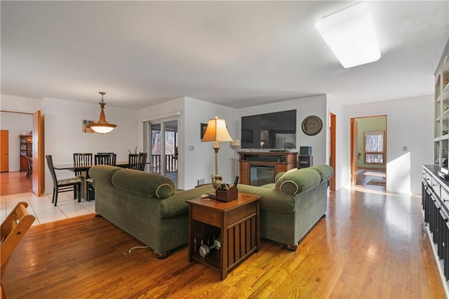 living area featuring a glass covered fireplace and light wood-style floors