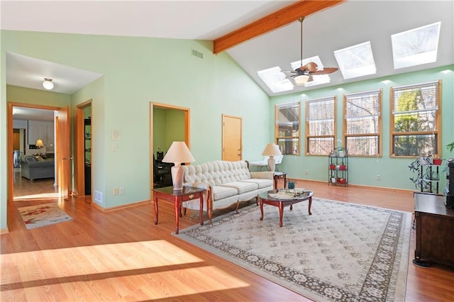living area with a skylight, visible vents, ceiling fan, wood finished floors, and beam ceiling
