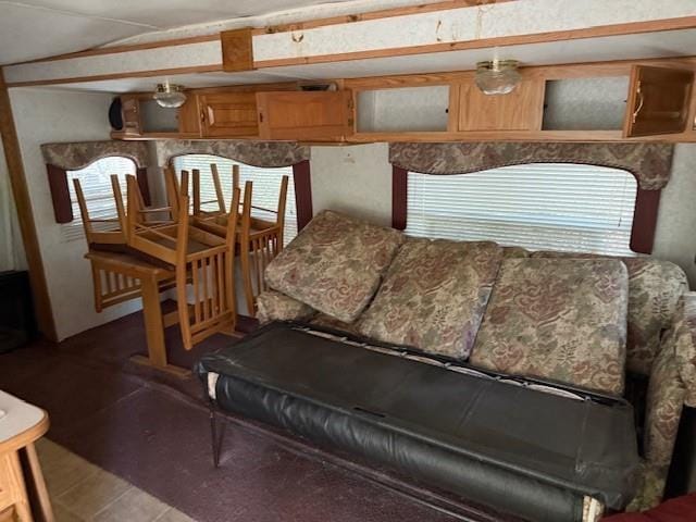 living room with lofted ceiling