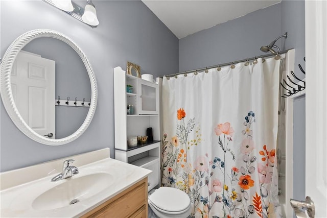 full bathroom featuring toilet, curtained shower, and vanity