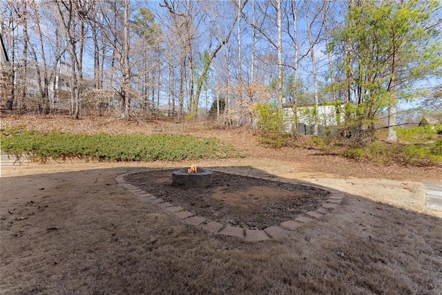 view of yard featuring an outdoor fire pit