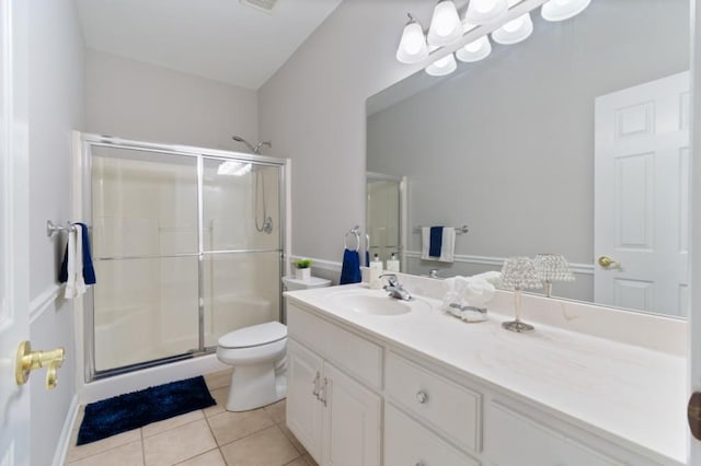 full bathroom with visible vents, toilet, a stall shower, vanity, and tile patterned floors