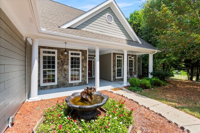 doorway to property featuring a shingled roof and stone siding