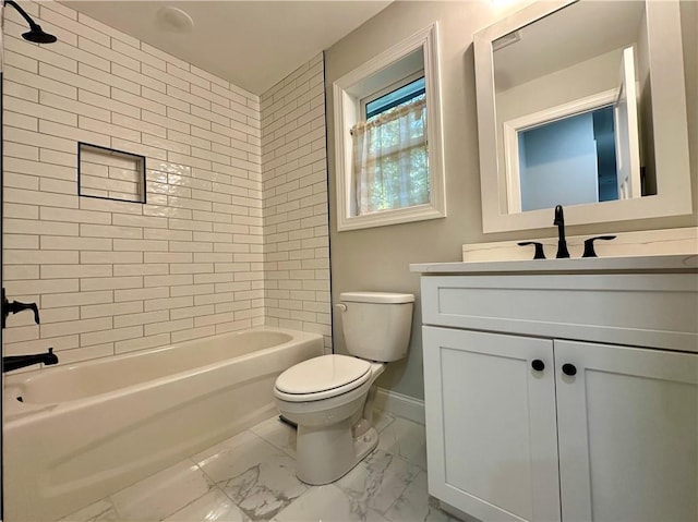 bathroom featuring toilet, marble finish floor,  shower combination, baseboards, and vanity