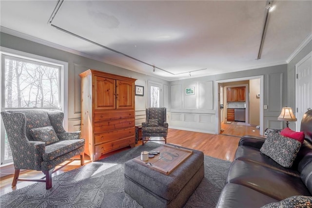 living room featuring rail lighting, light wood-style floors, a decorative wall, and ornamental molding