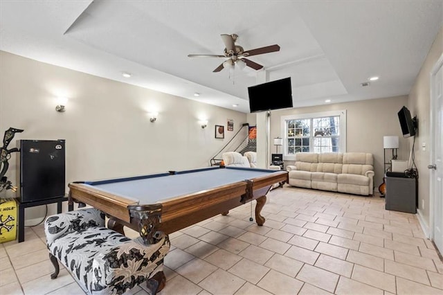 recreation room with light tile patterned floors, recessed lighting, billiards, a ceiling fan, and a tray ceiling