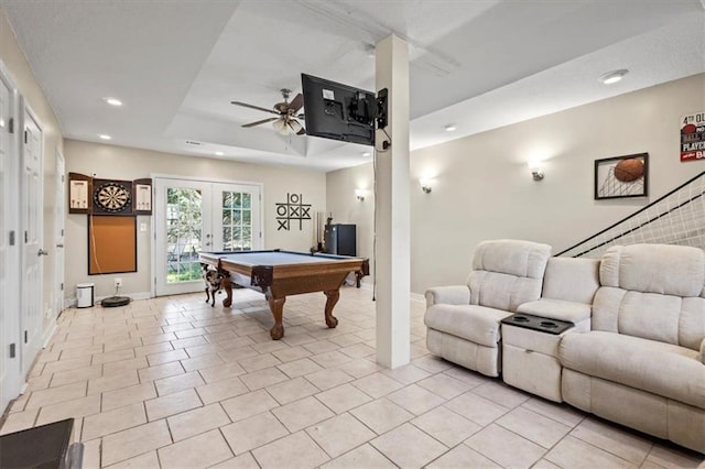 game room featuring french doors, light tile patterned floors, recessed lighting, pool table, and a ceiling fan