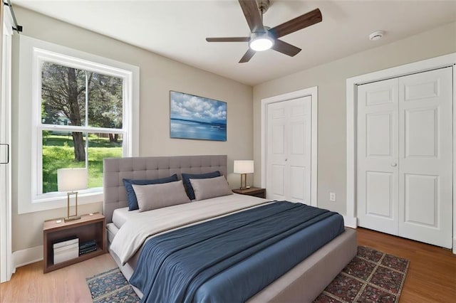2081 Verbena St NW, Atlanta, GA 30314 - bedroom featuring multiple closets, wood finished floors, and a ceiling fan