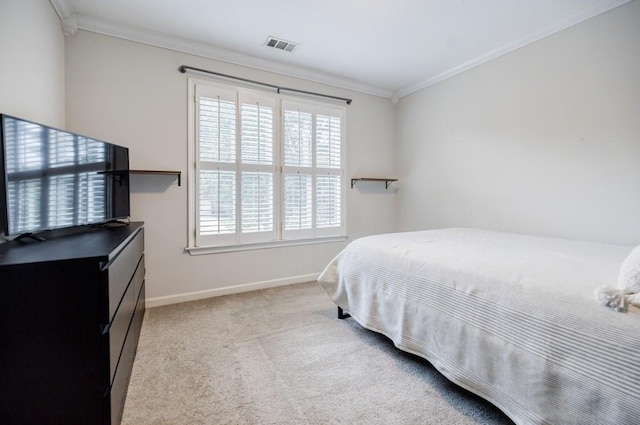 carpeted bedroom with crown molding