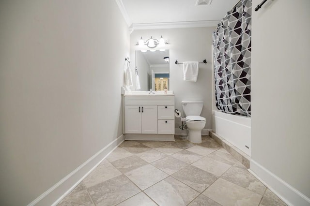 full bathroom with vanity, ornamental molding, shower / bath combination with curtain, and toilet