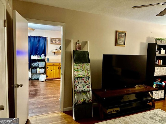 living room with hardwood / wood-style flooring and ceiling fan