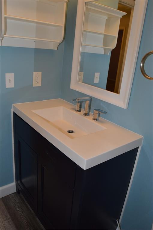 bathroom with wood finished floors and vanity