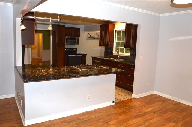 kitchen featuring wood finished floors, a sink, appliances with stainless steel finishes, and crown molding