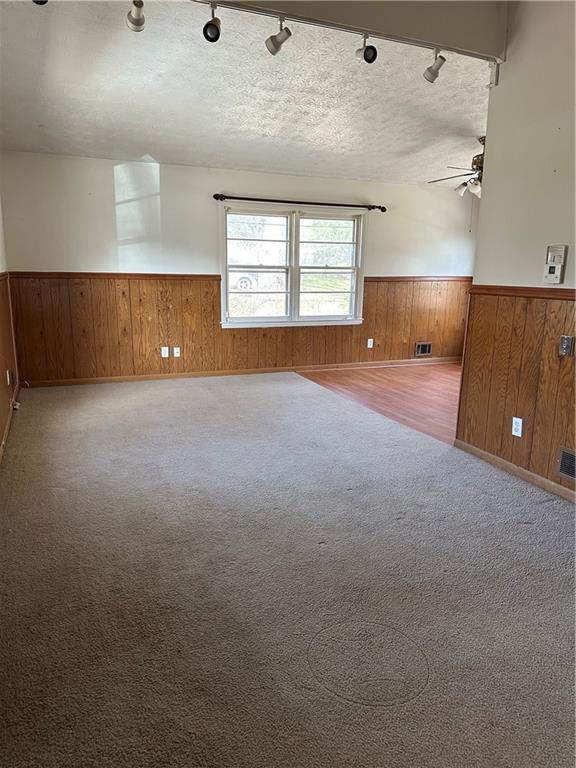 2195 Wilson Rd, Conyers, GA 30012 - unfurnished room with a wainscoted wall, wooden walls, a ceiling fan, track lighting, and carpet