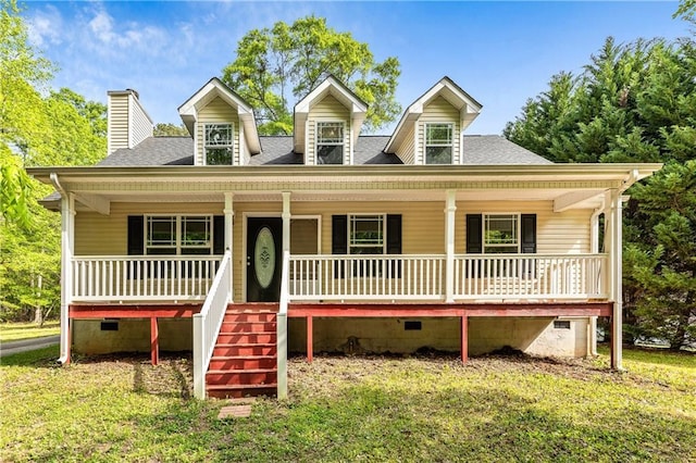 3855 Newnan Rd, Griffin, GA 30223 - view of front of house featuring crawl space, a porch, roof with shingles, a chimney, and a front lawn