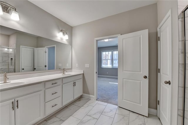 bathroom featuring vanity and walk in shower