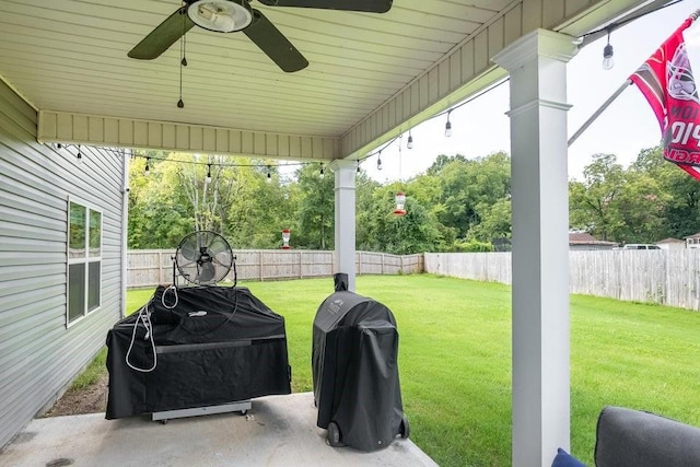 view of patio / terrace with area for grilling and ceiling fan