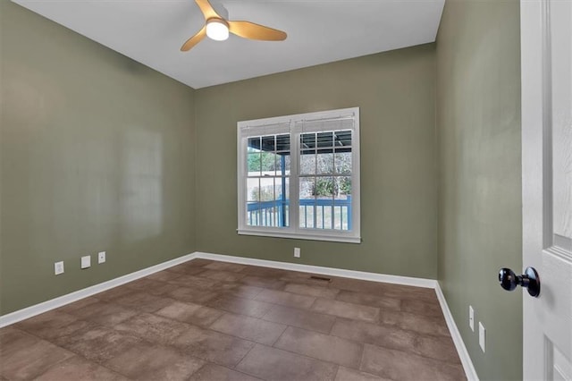 unfurnished room with a ceiling fan, visible vents, and baseboards