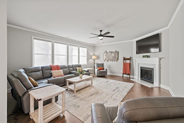 living area featuring dark wood-type flooring, ornamental molding, and a fireplace with flush hearth