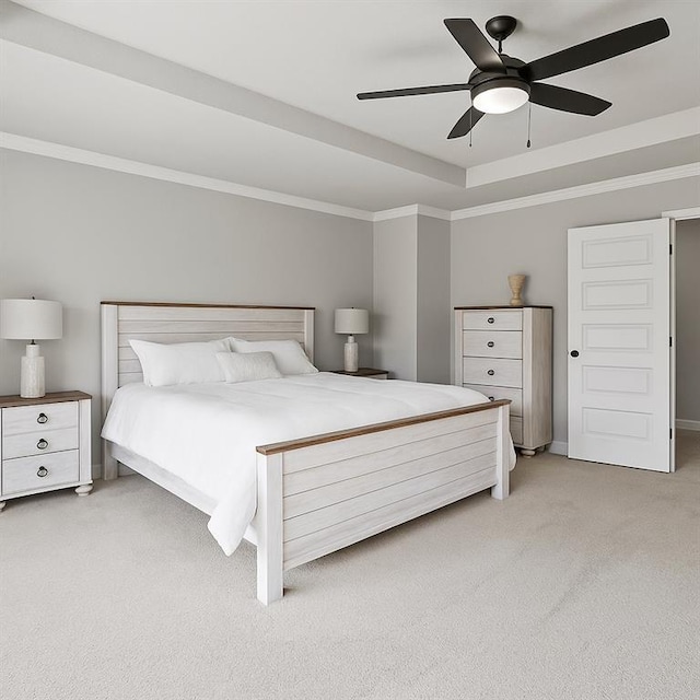 69 Saint Ives Cir, Winder, GA 30680 - bedroom with light colored carpet, a tray ceiling, a ceiling fan, and ornamental molding