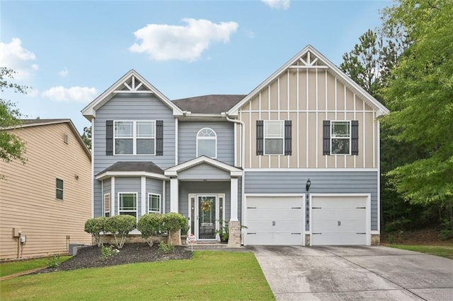 7530 Springbox Dr, Fairburn, GA 30213 - craftsman-style home with board and batten siding, an attached garage, driveway, and a front yard