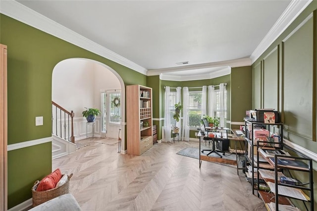 7530 Springbox Dr, Fairburn, GA 30213 - home office featuring ornamental molding and arched walkways
