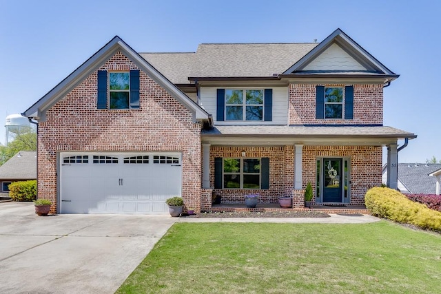 craftsman house with concrete driveway, brick siding, covered porch, and a front lawn