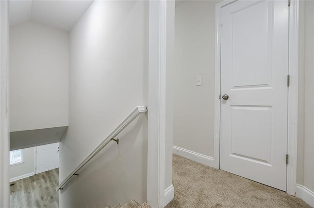 stairs with vaulted ceiling and carpet floors