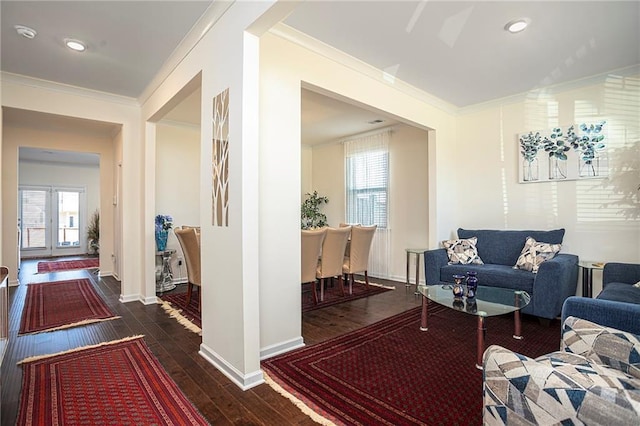 3469 English Elm Way, Loganville, GA 30052 - living area with dark wood-style floors, crown molding, baseboards, and recessed lighting