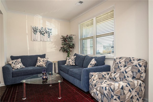 3469 English Elm Way, Loganville, GA 30052 - living area featuring crown molding, dark wood-type flooring, and visible vents
