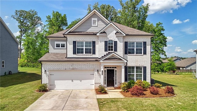 craftsman inspired home with an attached garage, driveway, a front lawn, and brick siding