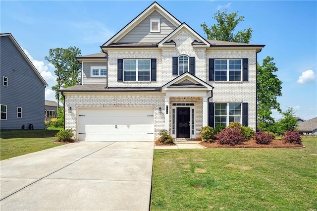 craftsman inspired home with brick siding, an attached garage, and a front yard