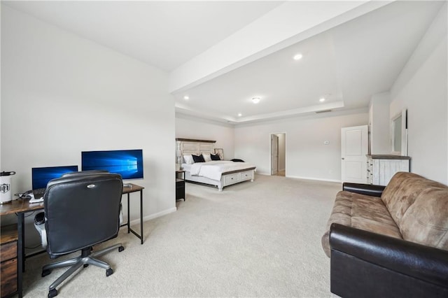 bedroom featuring baseboards, recessed lighting, and carpet floors