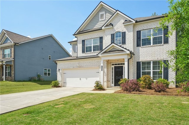 view of front of house featuring an attached garage, concrete driveway, a front lawn, and brick siding