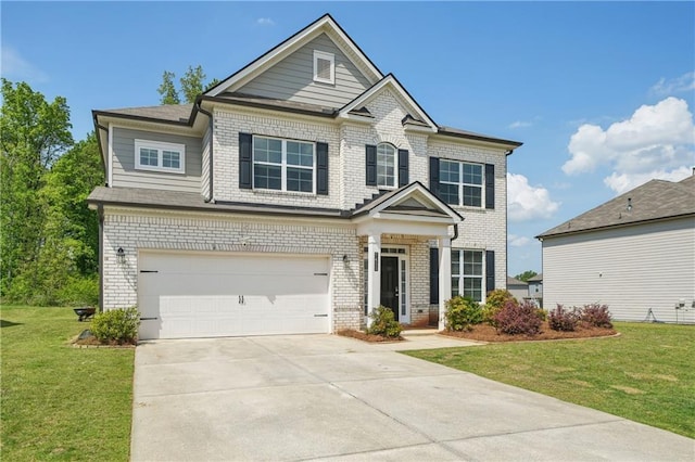 view of front facade with brick siding, an attached garage, a front yard, and concrete driveway
